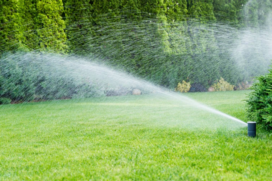 Lawn sprinkler spraying water across a green yard with trees in the background