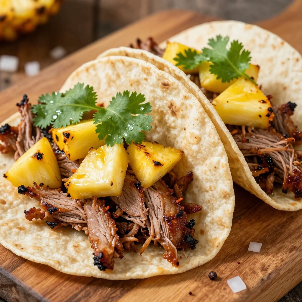 Two pork and pineapple tacos topped with fresh cilantro, served on a wooden board.