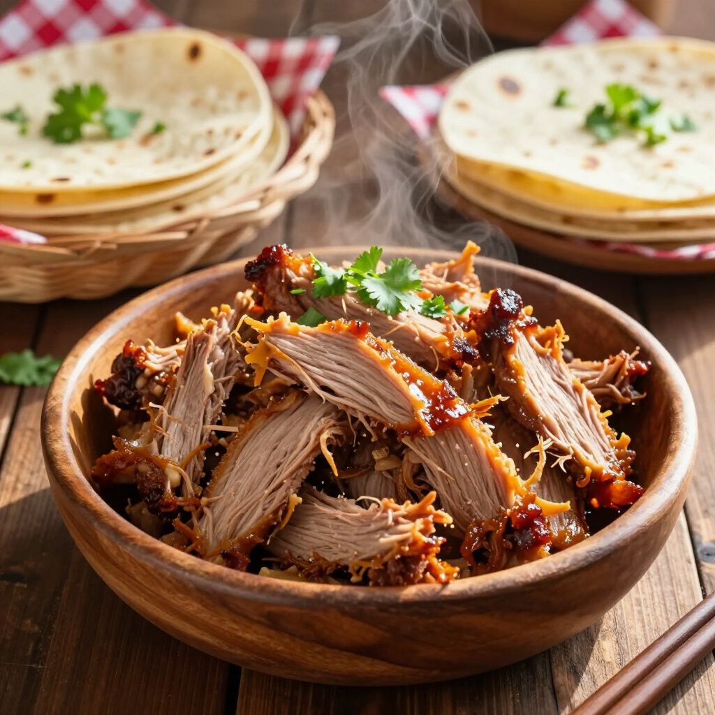 A wooden bowl of pulled meat garnished with cilantro, steaming on a rustic table with plates of flour tortillas.