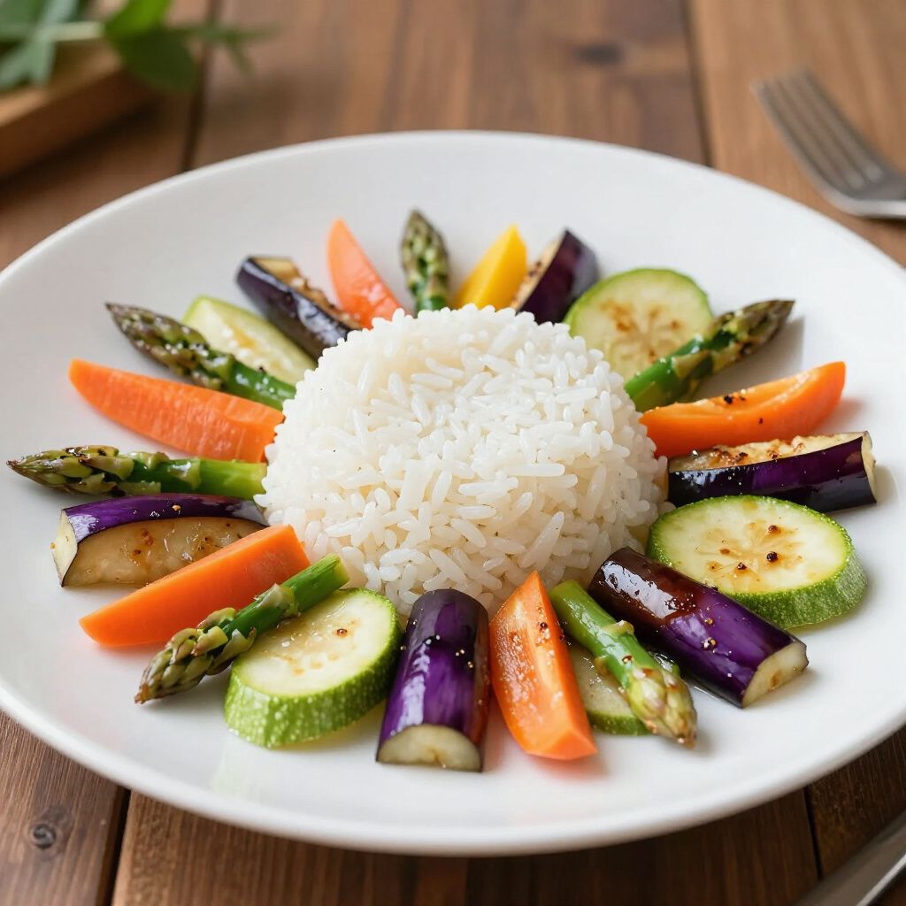 A mound of white rice centered on a white plate, surrounded by a decorative arrangement of roasted vegetables.