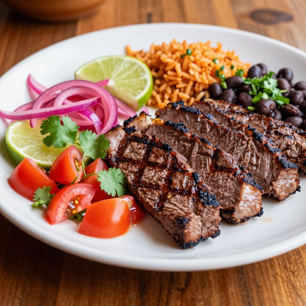 A plate with grilled steak slices, rice, black beans, red onion, diced tomatoes, cilantro, and lime wedges.