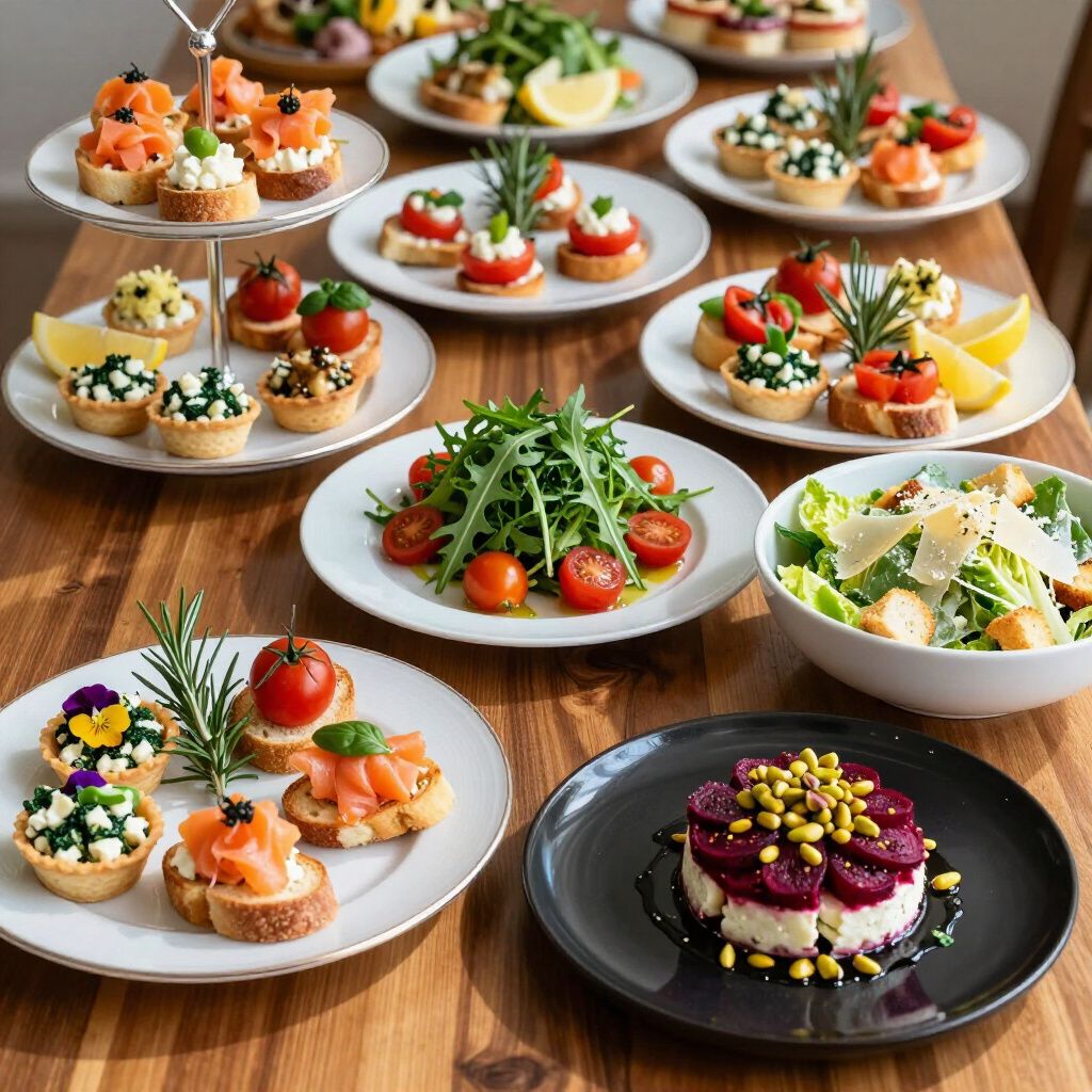 A wooden table is filled with various Hors d’Oeuvres, including small tarts, salmon canapés, green salads, and beet salad.
