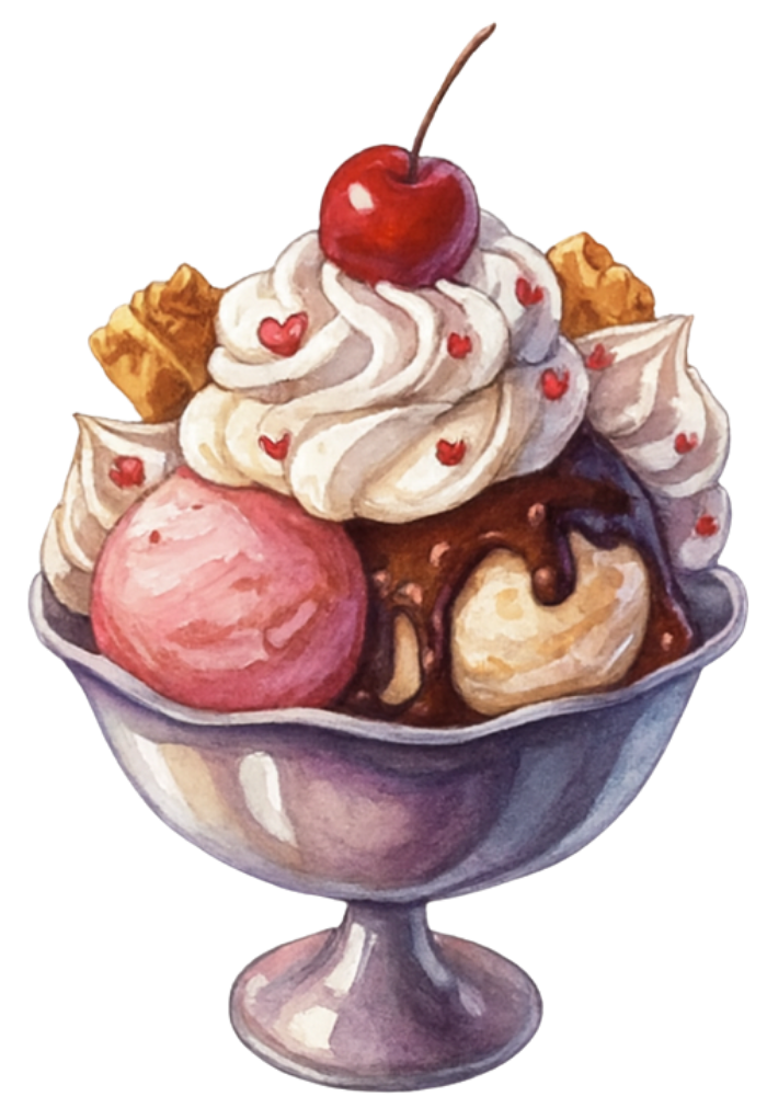Ice cream sundae in silver bowl with whipped cream, cherry, and waffle pieces.