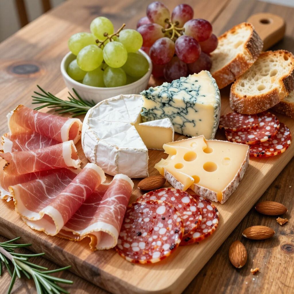 A wooden board holds a charcuterie spread with cheeses, meats, grapes, sliced bread, and scattered almonds.