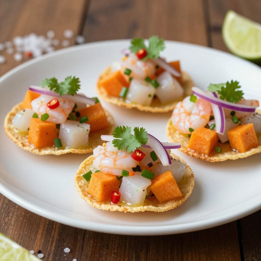 Mini ceviche tostadas on a plate