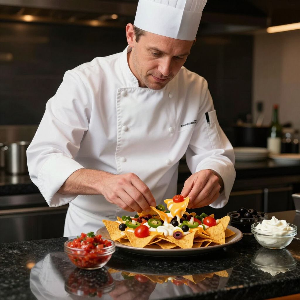 A chef in a white uniform garnishes a plate of nachos with cheese, olives, and tomatoes in a professional kitchen.
