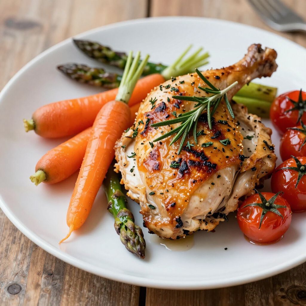 A roasted chicken leg quarter served with whole carrots, asparagus spears, and cherry tomatoes on a white plate.