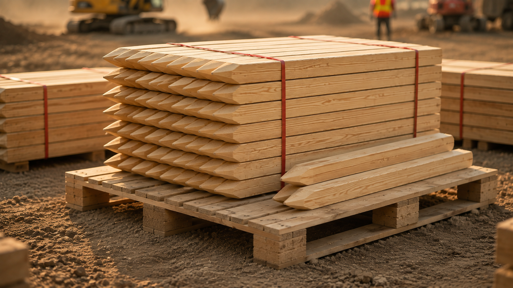 Close-up of the rough, textured ends of two weathered wooden beams stacked on top of each other.