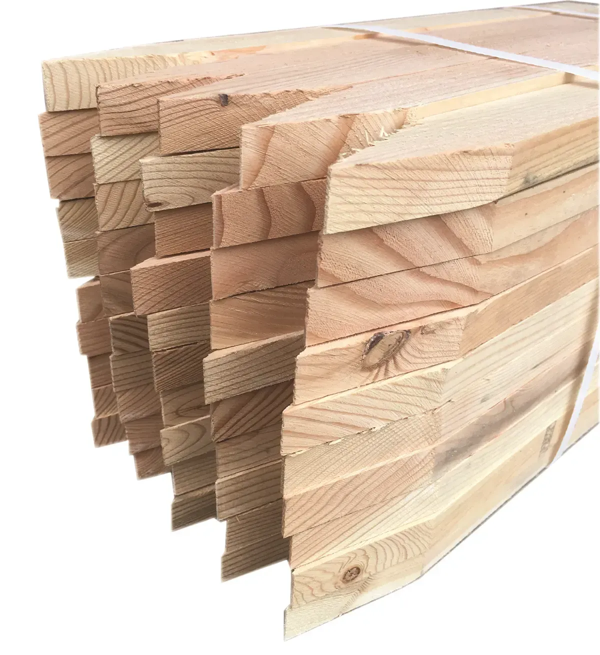 A bundle of wooden survey stakes with pointed ends, stacked neatly and secured together against a white background.