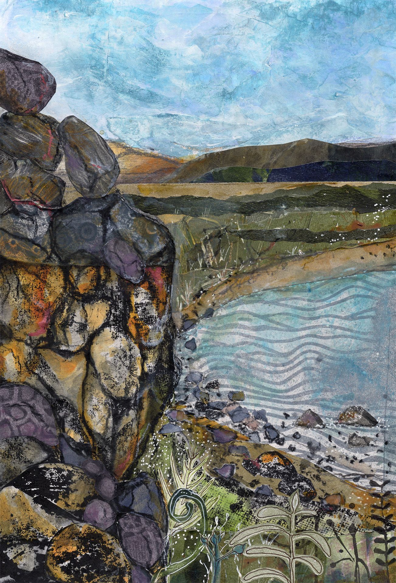 A rocky coastal cliff beside a calm blue sea under a cloudy sky, painted in textured brushstrokes