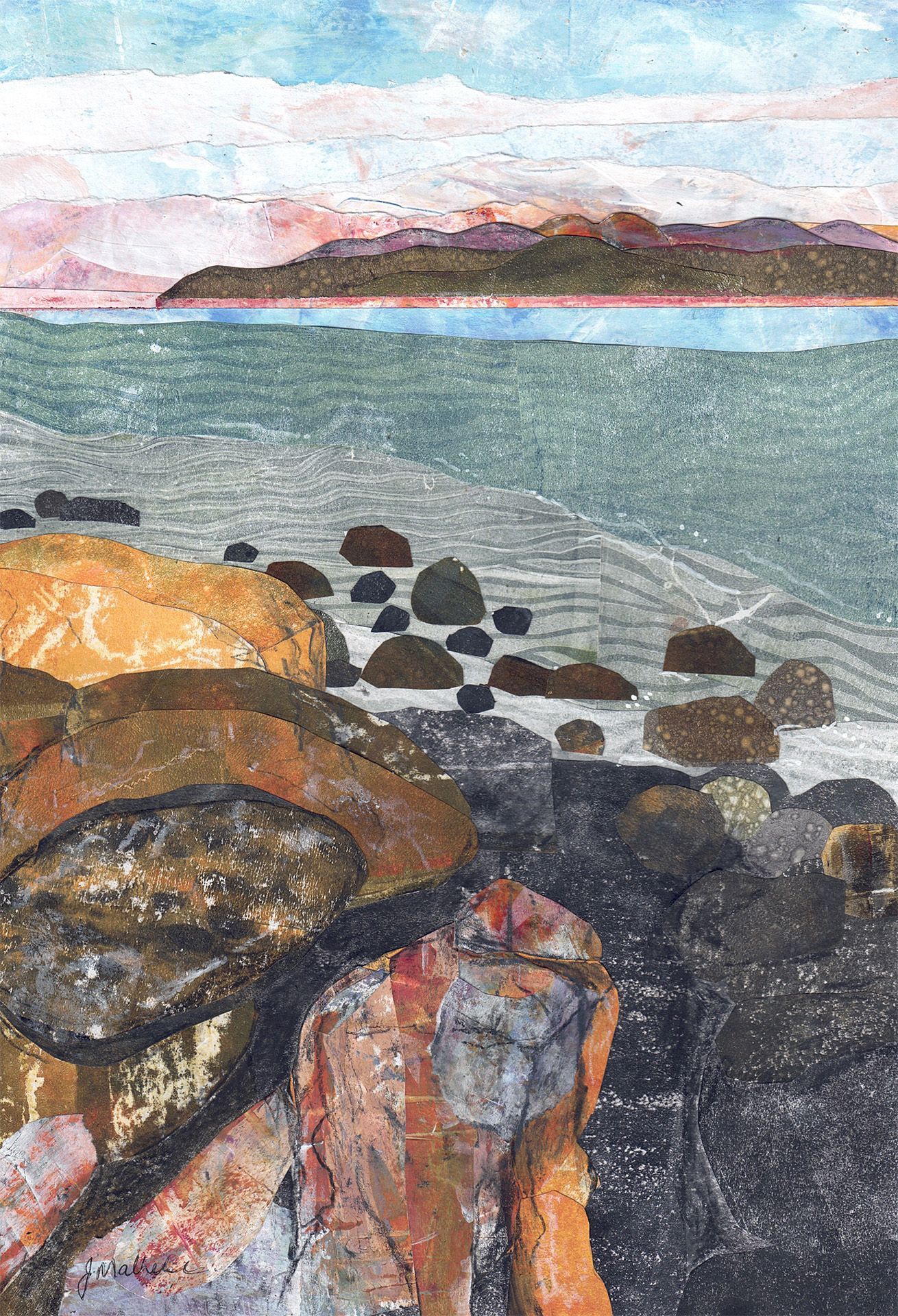 Rocky shoreline with sea, distant mountains, and pastel sky in a painted landscape
