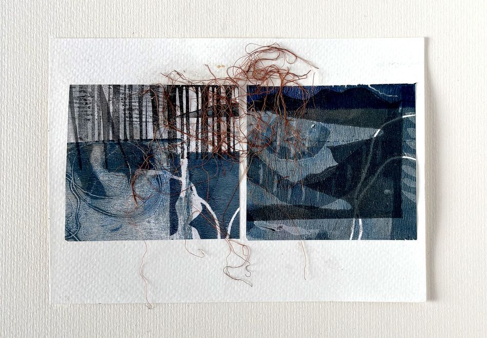 Abstract mixed-media artwork with dark blue rectangular forms and brown thread-like lines on white paper