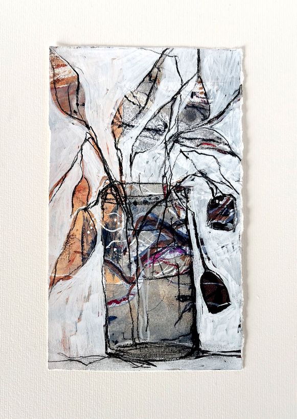 Abstract mixed-media artwork with white, black, brown, and purple lines on a textured canvas