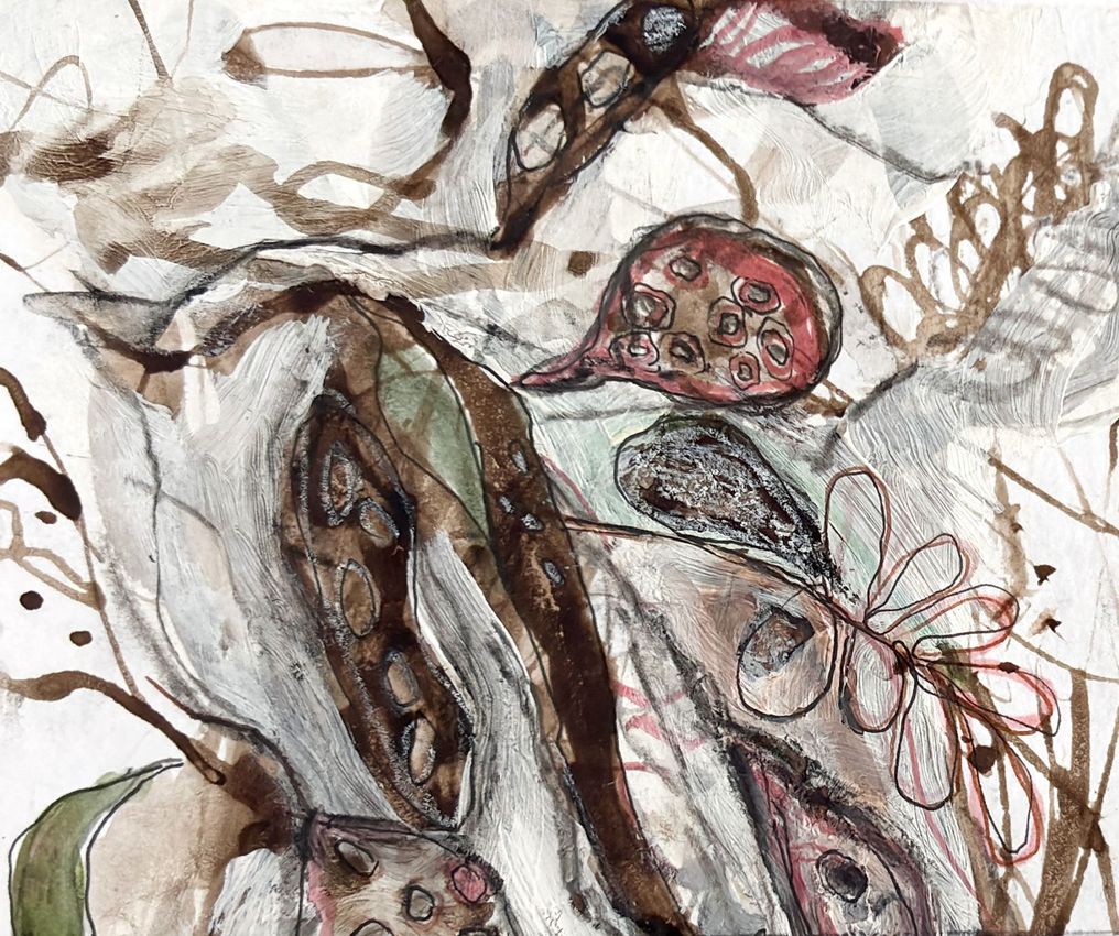 Abstract watercolor and ink drawing featuring earth-toned seed pods, organic lines, and layered shapes on a white background.