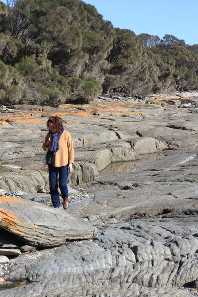 Person standing on rocky shoreline beside trees under a blue sky