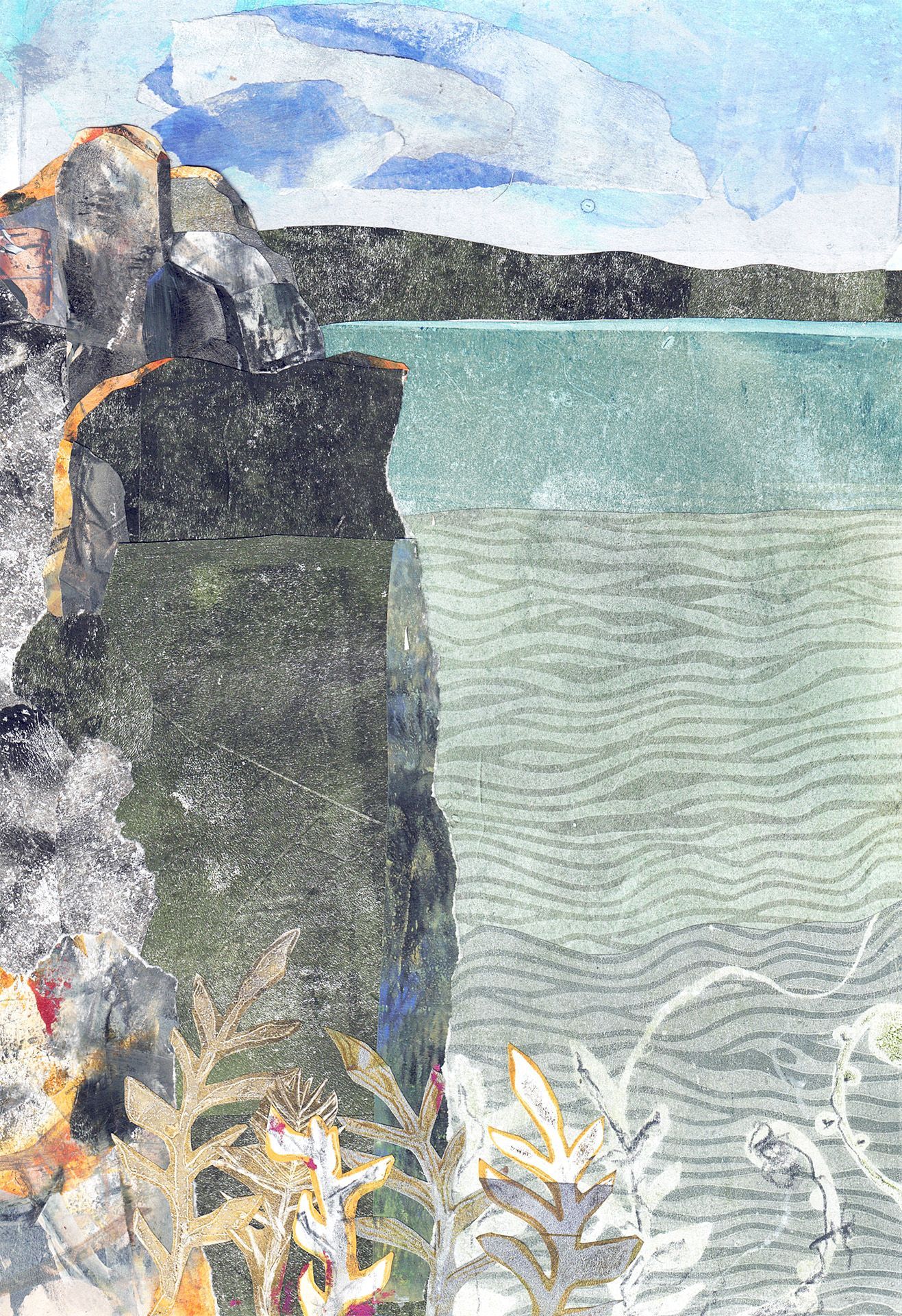Rocky cliff beside calm blue-green water under a cloudy sky with distant shoreline.