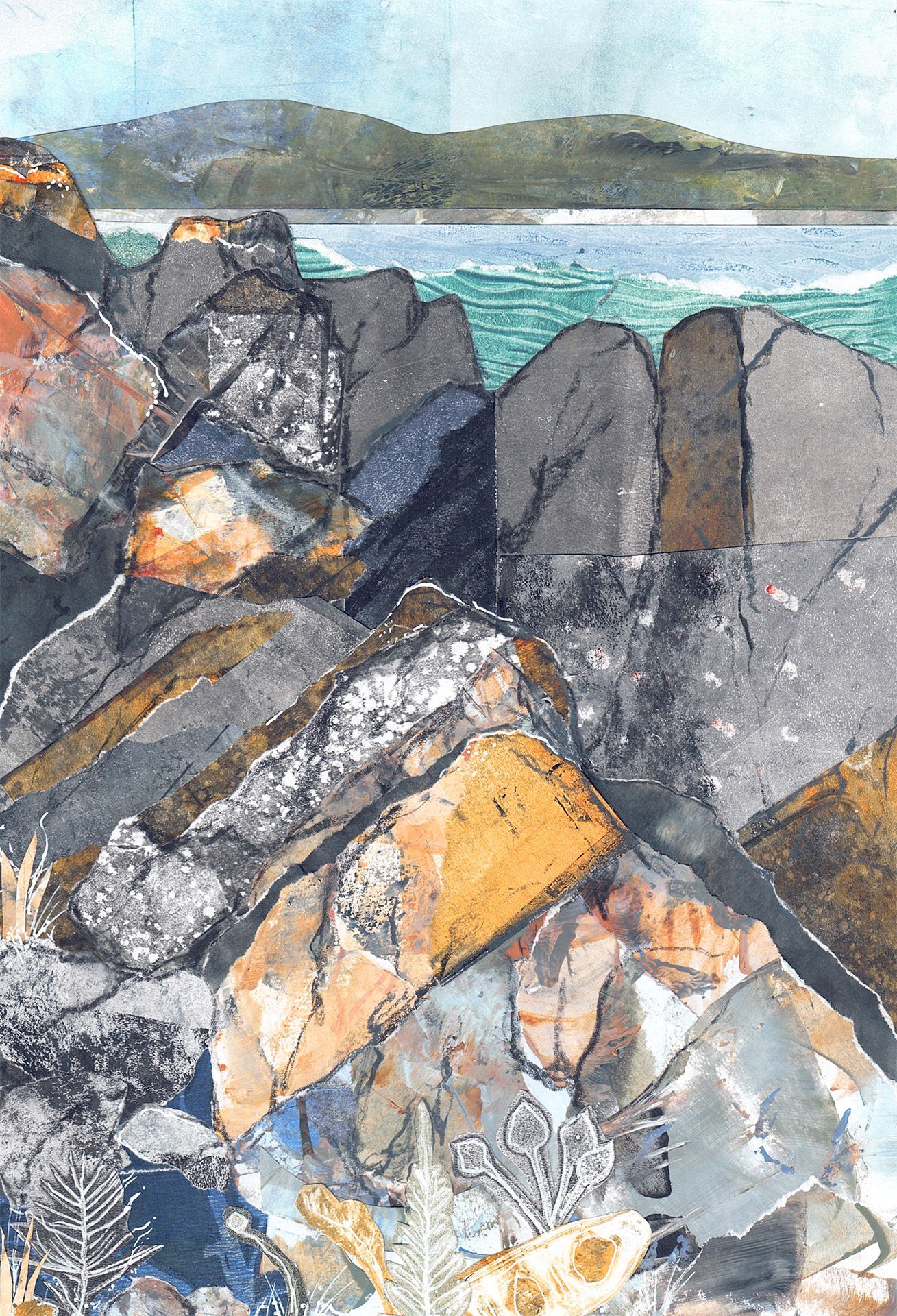 Rocky coastal shoreline with dark boulders, turquoise water, and distant hills under a cloudy sky