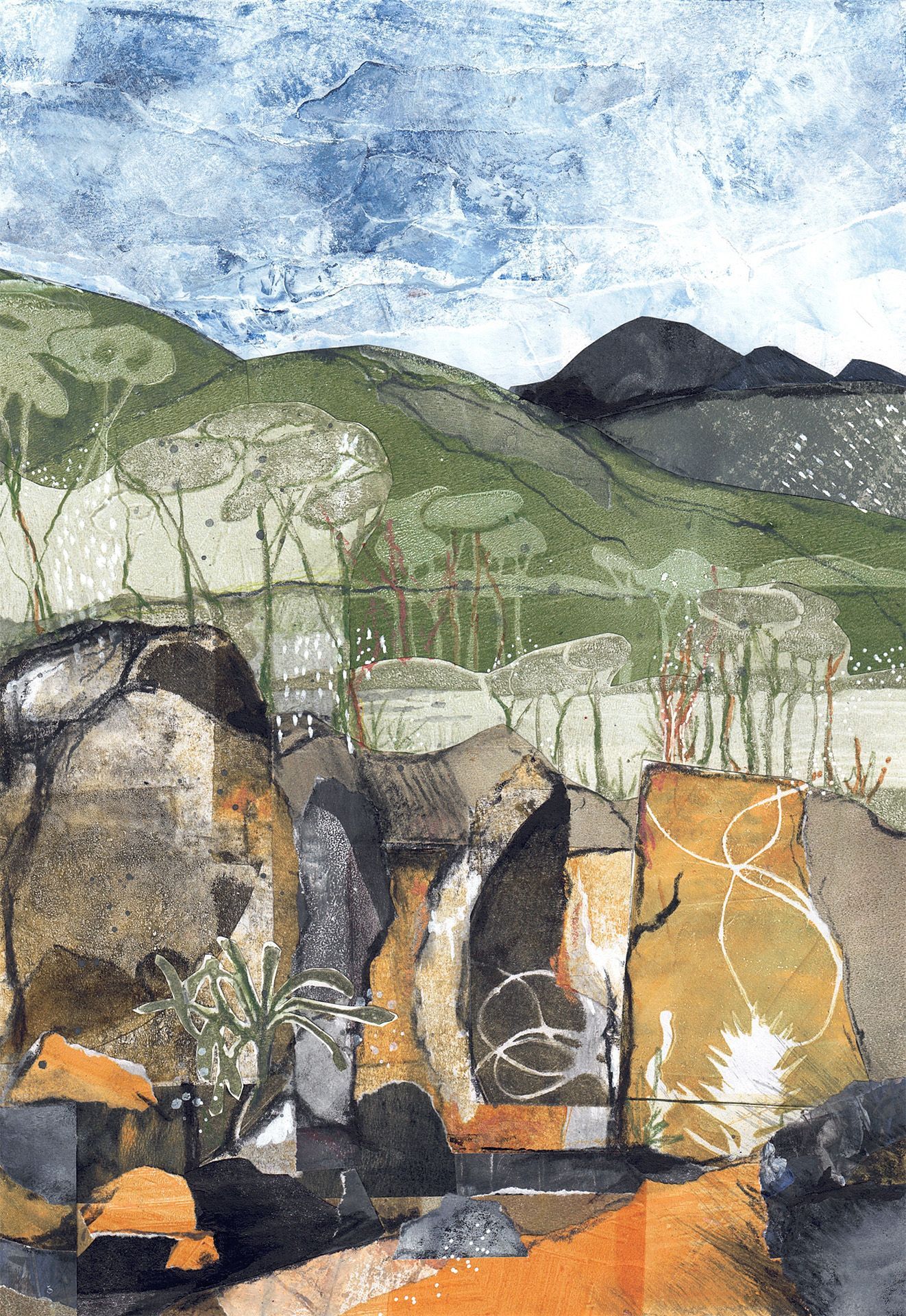 Abstract landscape with green hills, dark rocks, and a cloudy blue sky.
