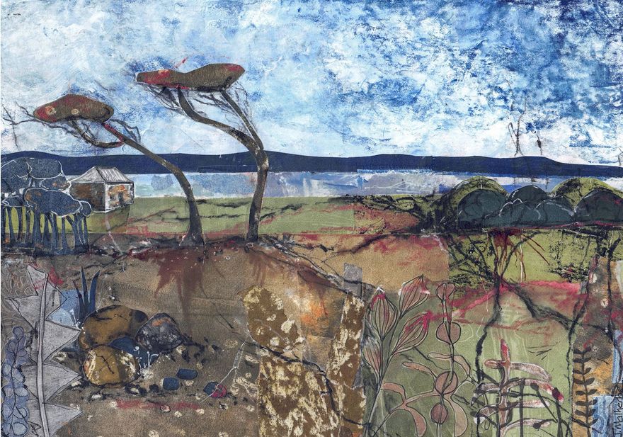 Abstract coastal landscape with two windswept trees, blue sky, distant houses, and fields in earthy tones