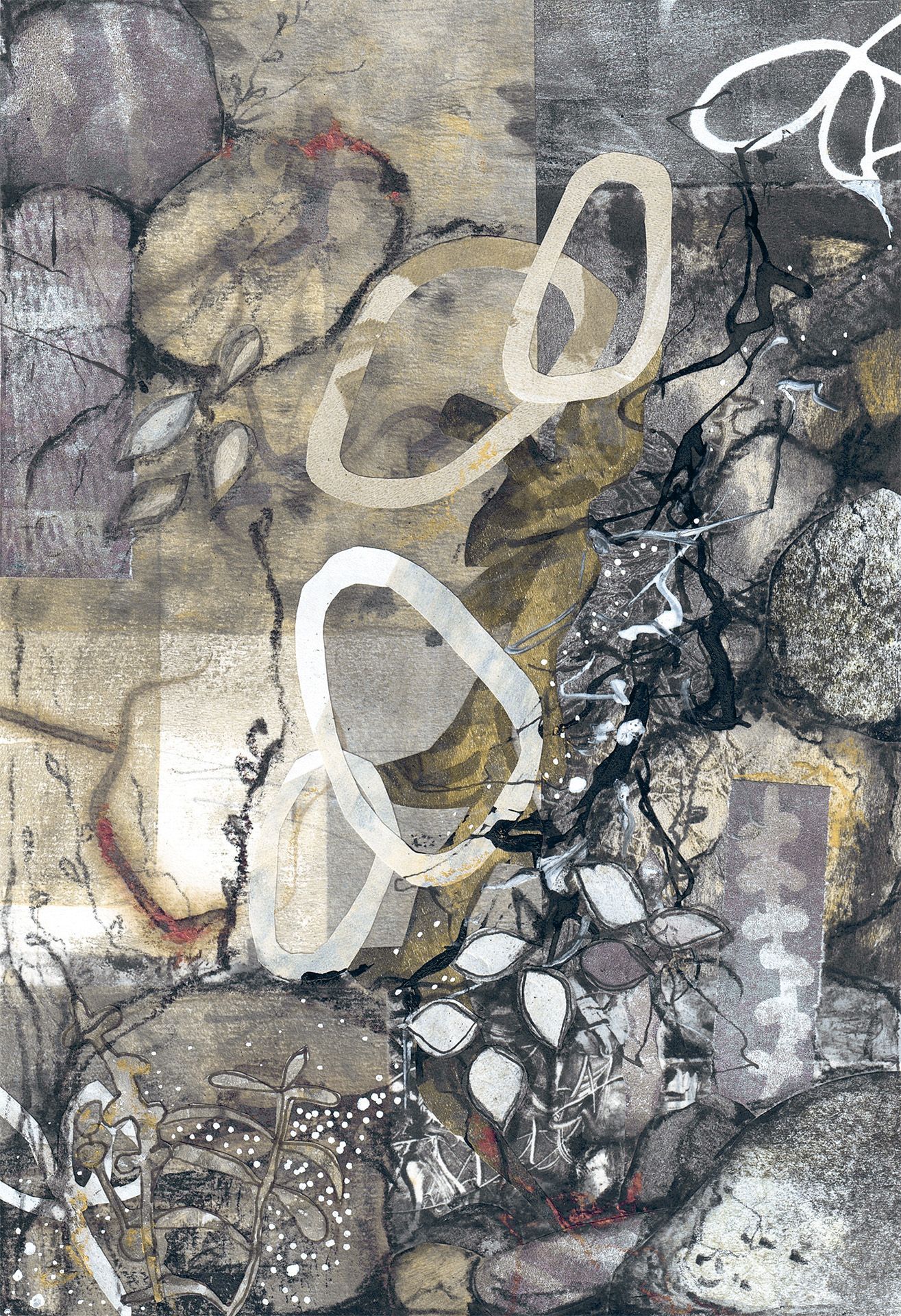 Abstract textured painting in gray, beige, and white with layered organic shapes and dark crackled lines