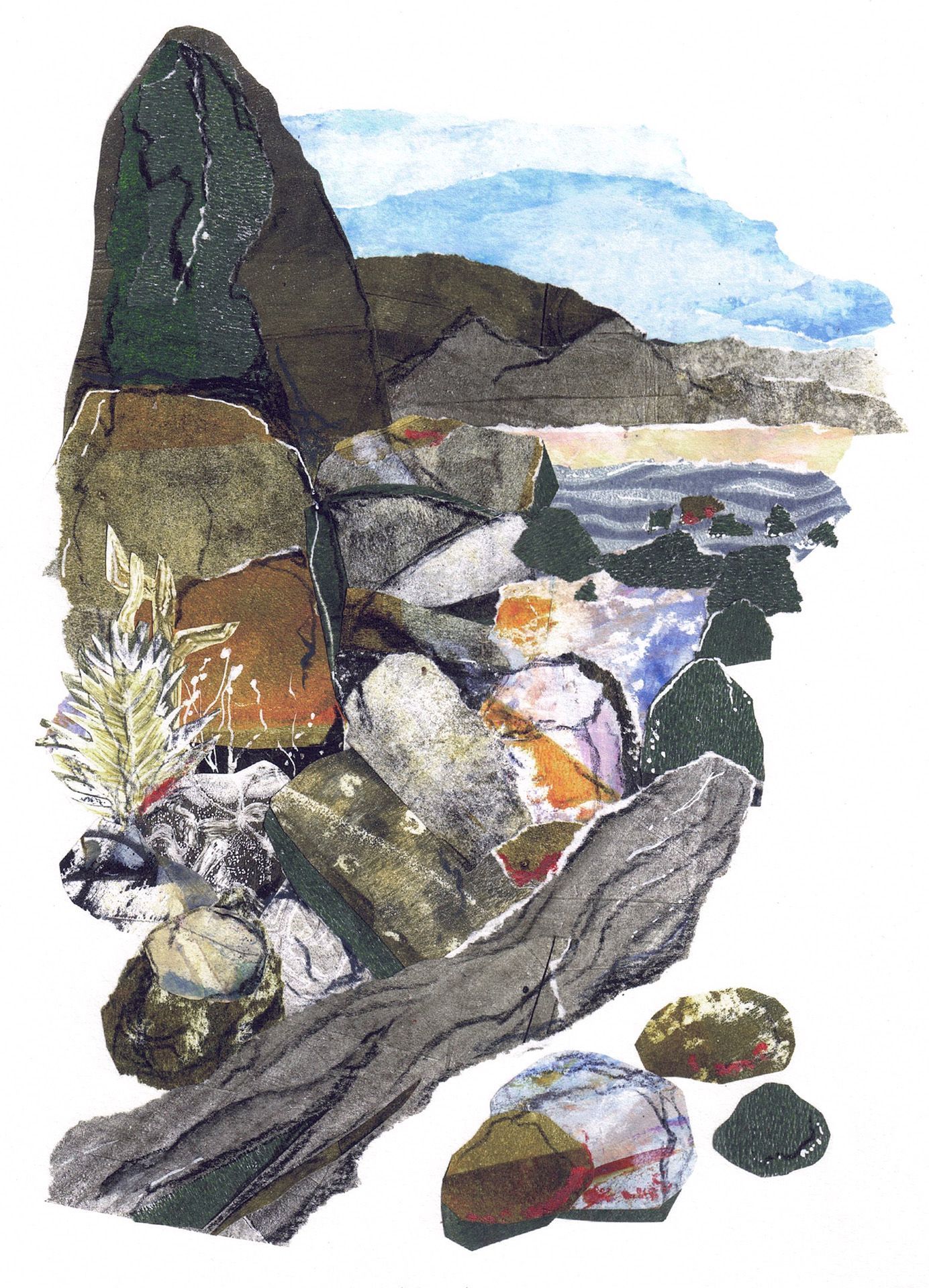 A watercolor still life of assorted rocks and pebbles in earthy tones, with a blue sky in the background