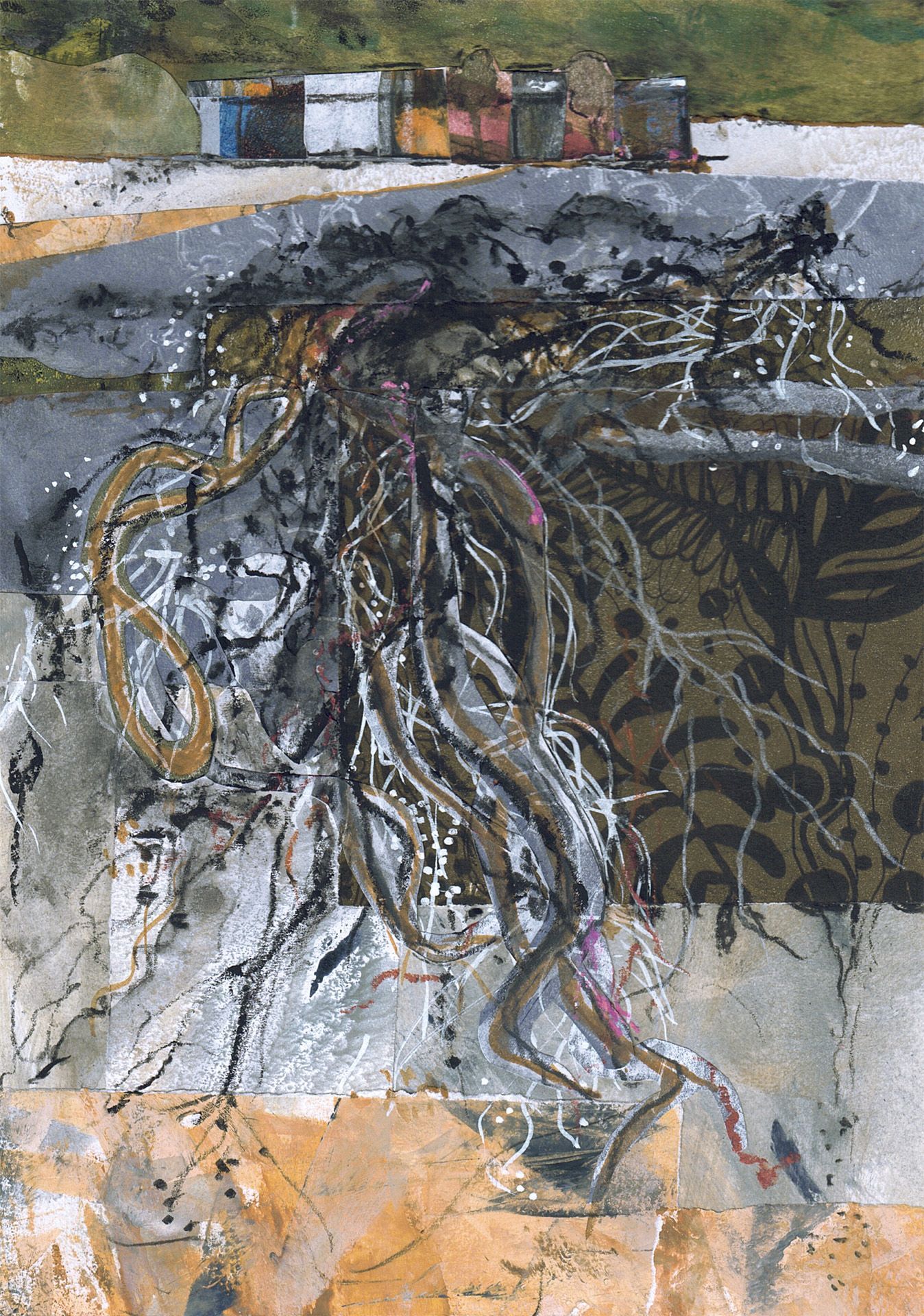 Abstract painting of tangled dark roots over gray and yellow textured background with a small building at top