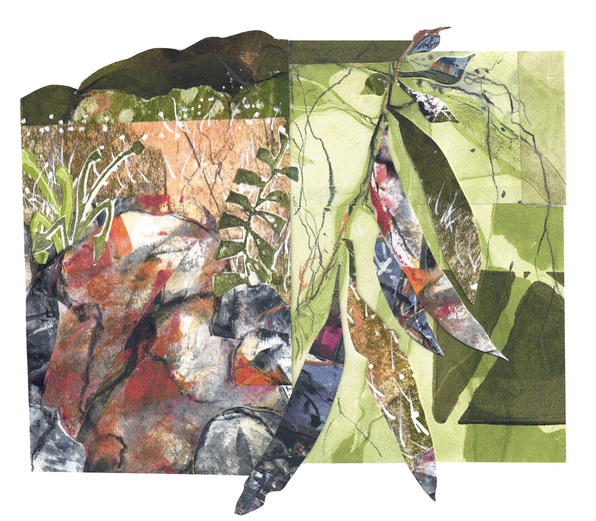 Abstract collage with layered leaves and foliage in green, orange, red, and black tones