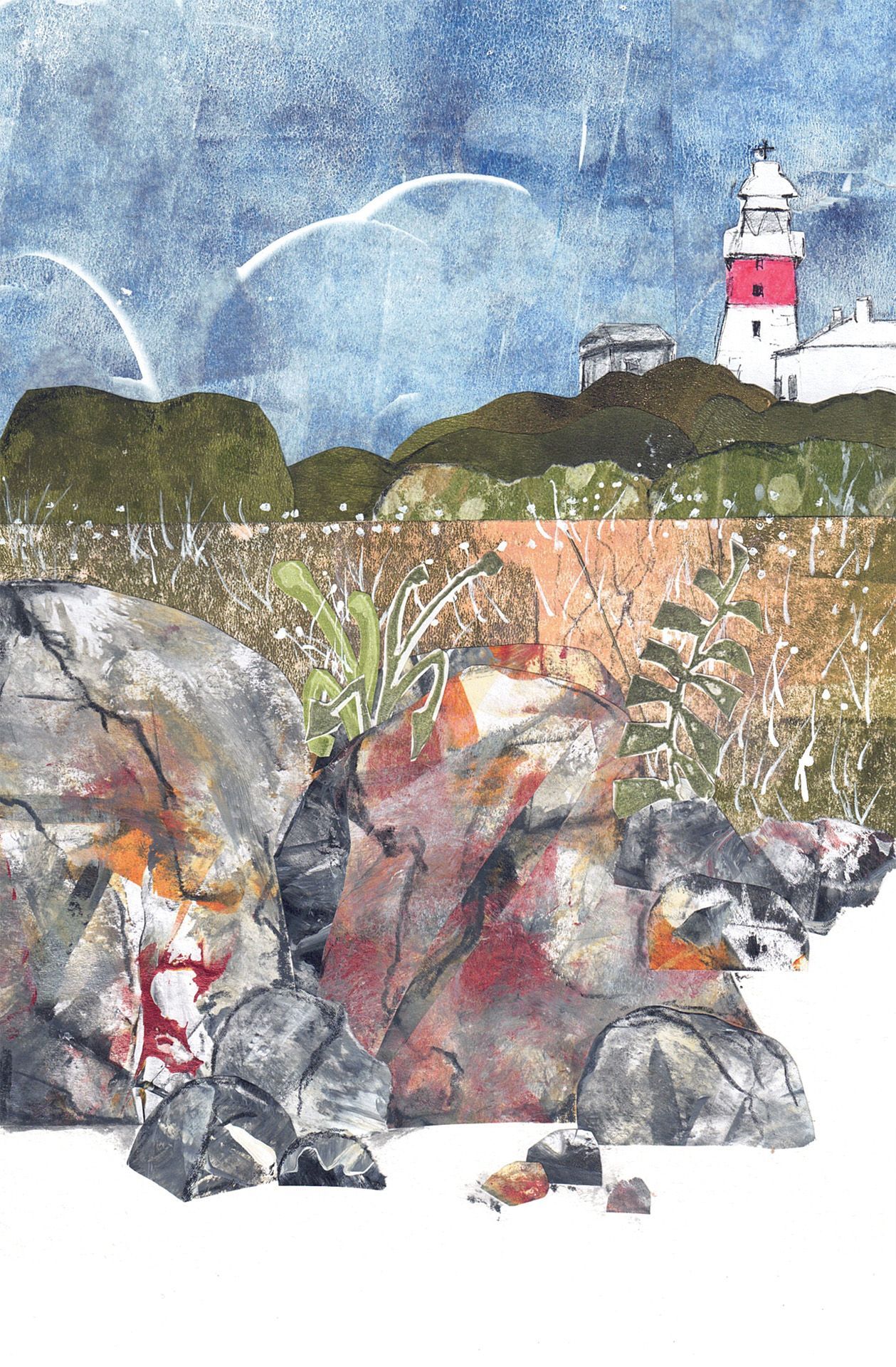 Coastal watercolor scene with rocky shore, shrubs, blue sky, and a red-and-white lighthouse.