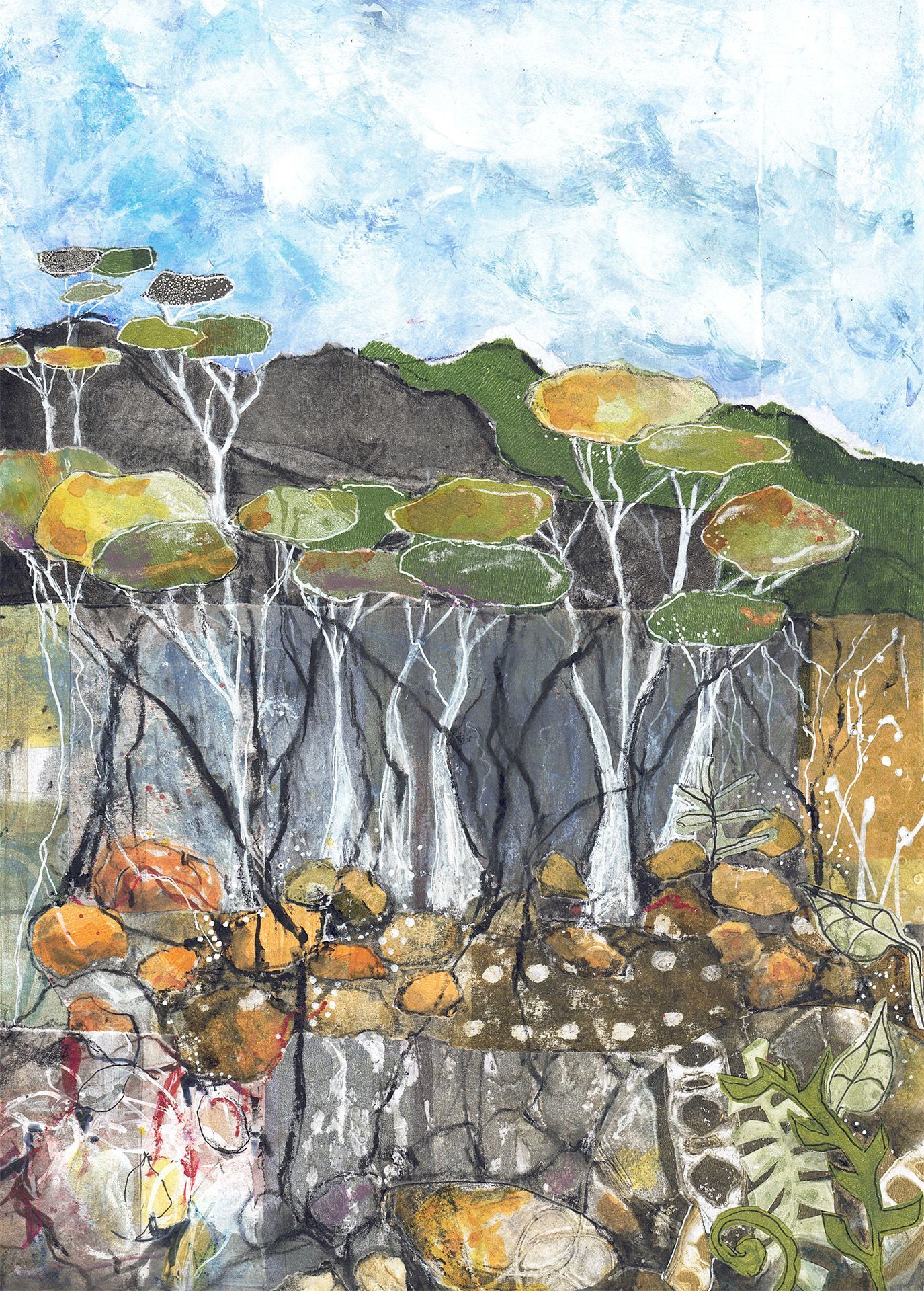 Abstract painting of a rocky landscape with white trees, green hills, and yellow-orange foliage under a cloudy sky