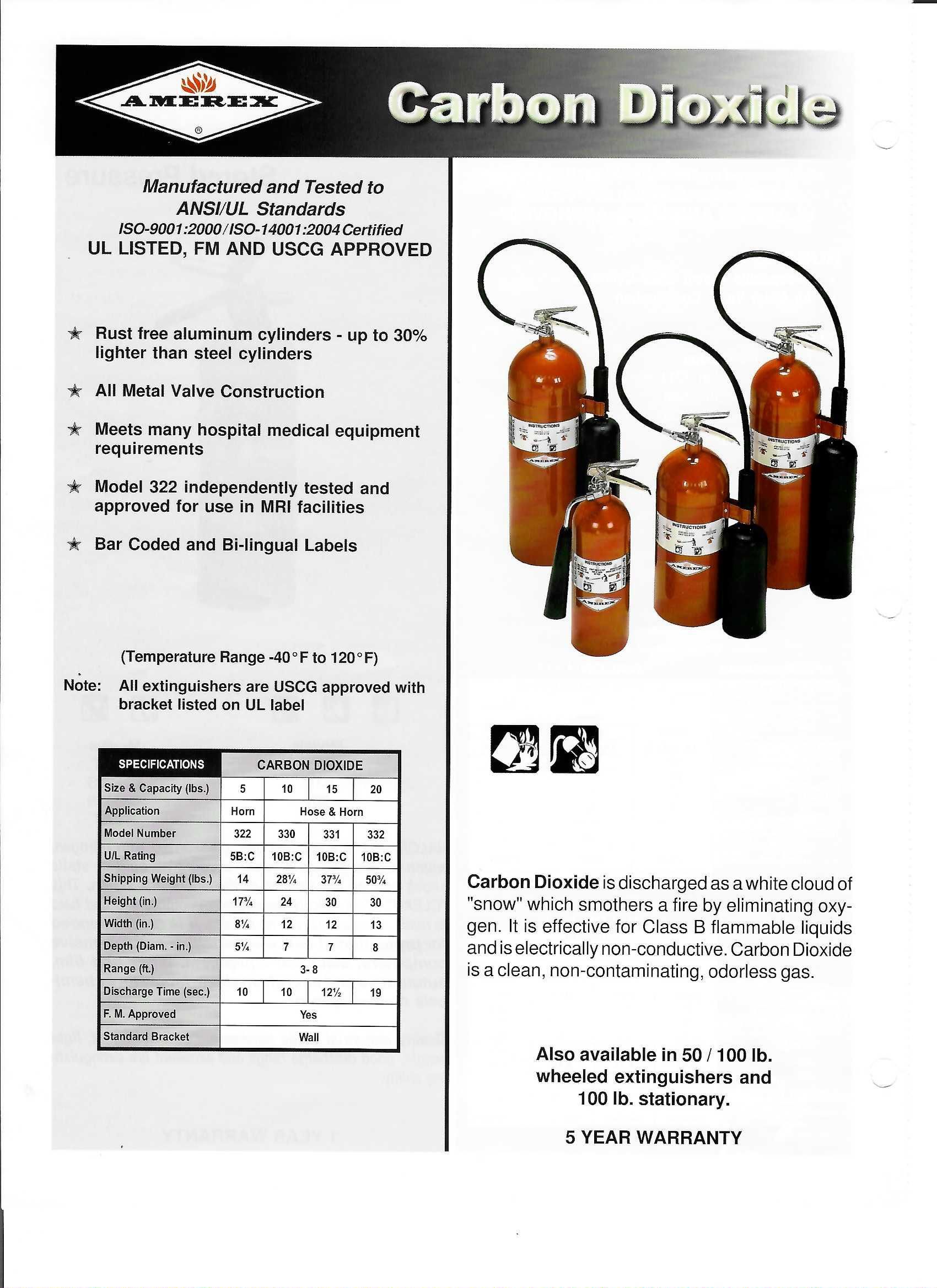 Carbon dioxide safety leaflet with small fire extinguisher images and text columns.