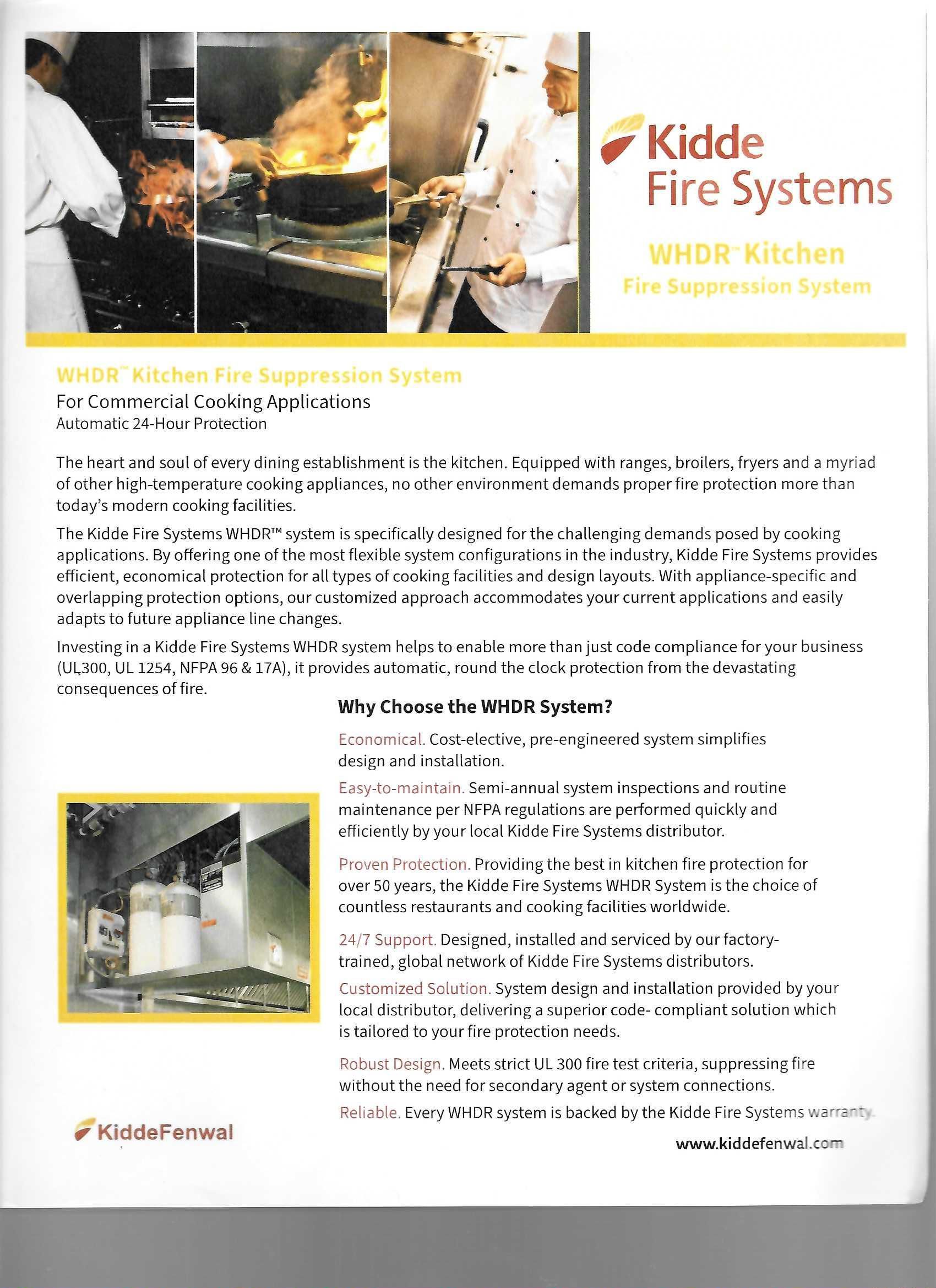Kidde Fire Systems brochure page with photos of fire suppression equipment and a kitchen fire demonstration.