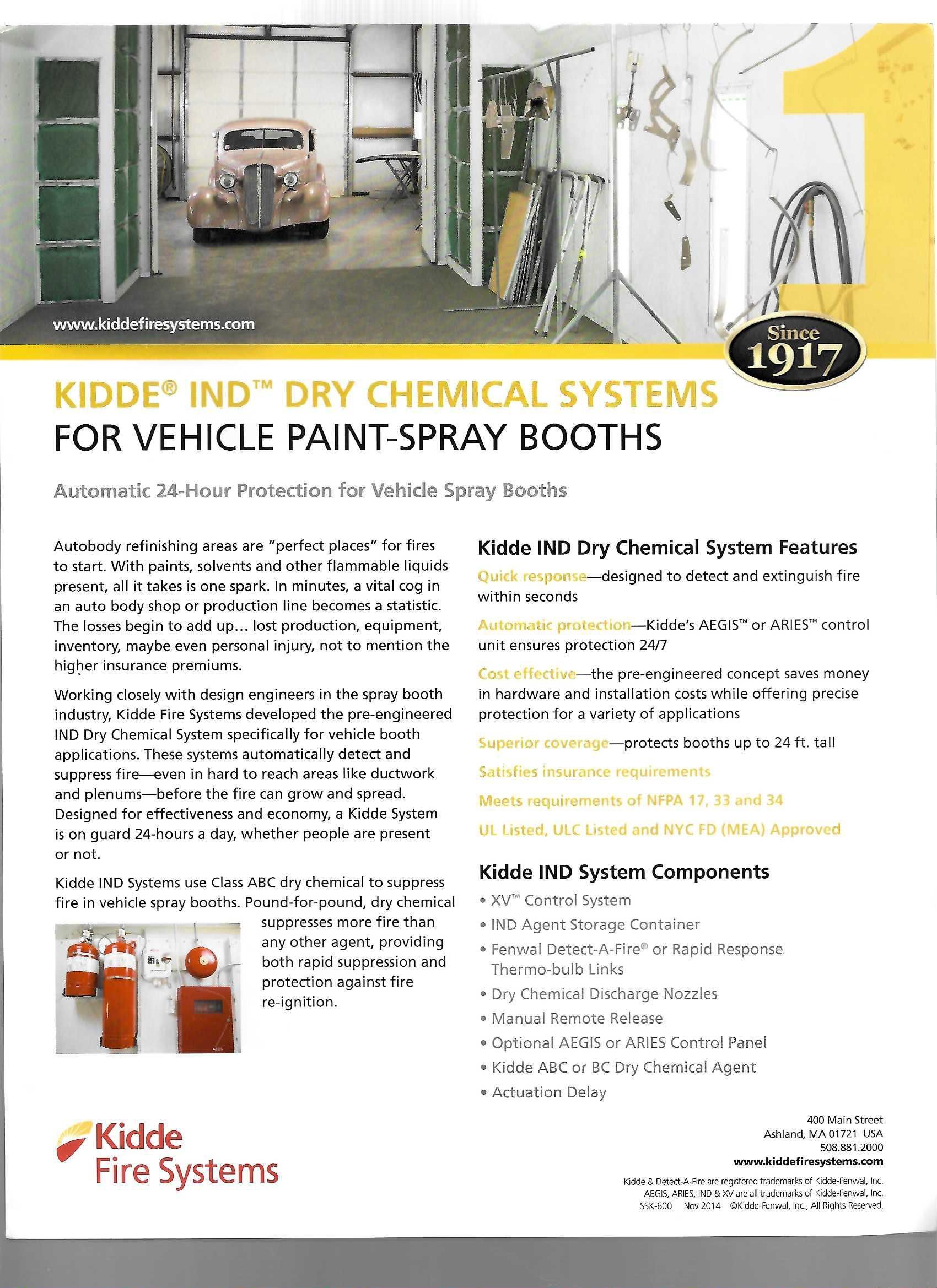 Kidde dry chemical systems brochure for vehicle paint spray booths, with booth photo and product details