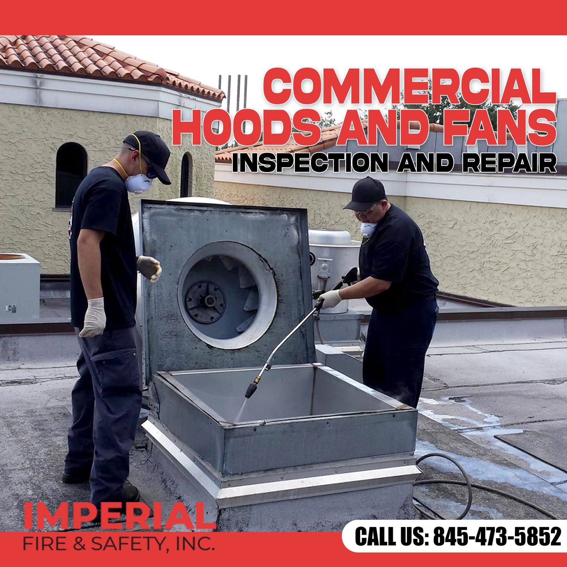 Technicians inspecting a rooftop commercial HVAC unit with Imperial Fire & Safety branding and phone number.