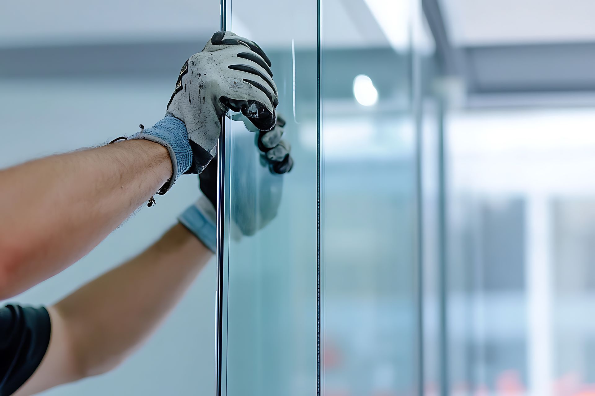 Person wearing gloves installing glass panel. Person wearing gloves installing glass panel.