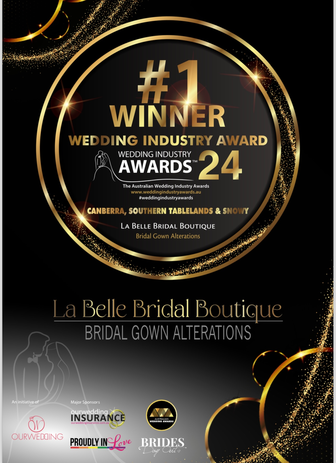 Award for La Belle Bridal Boutique, a bridal gown alterations business. Black and gold design.