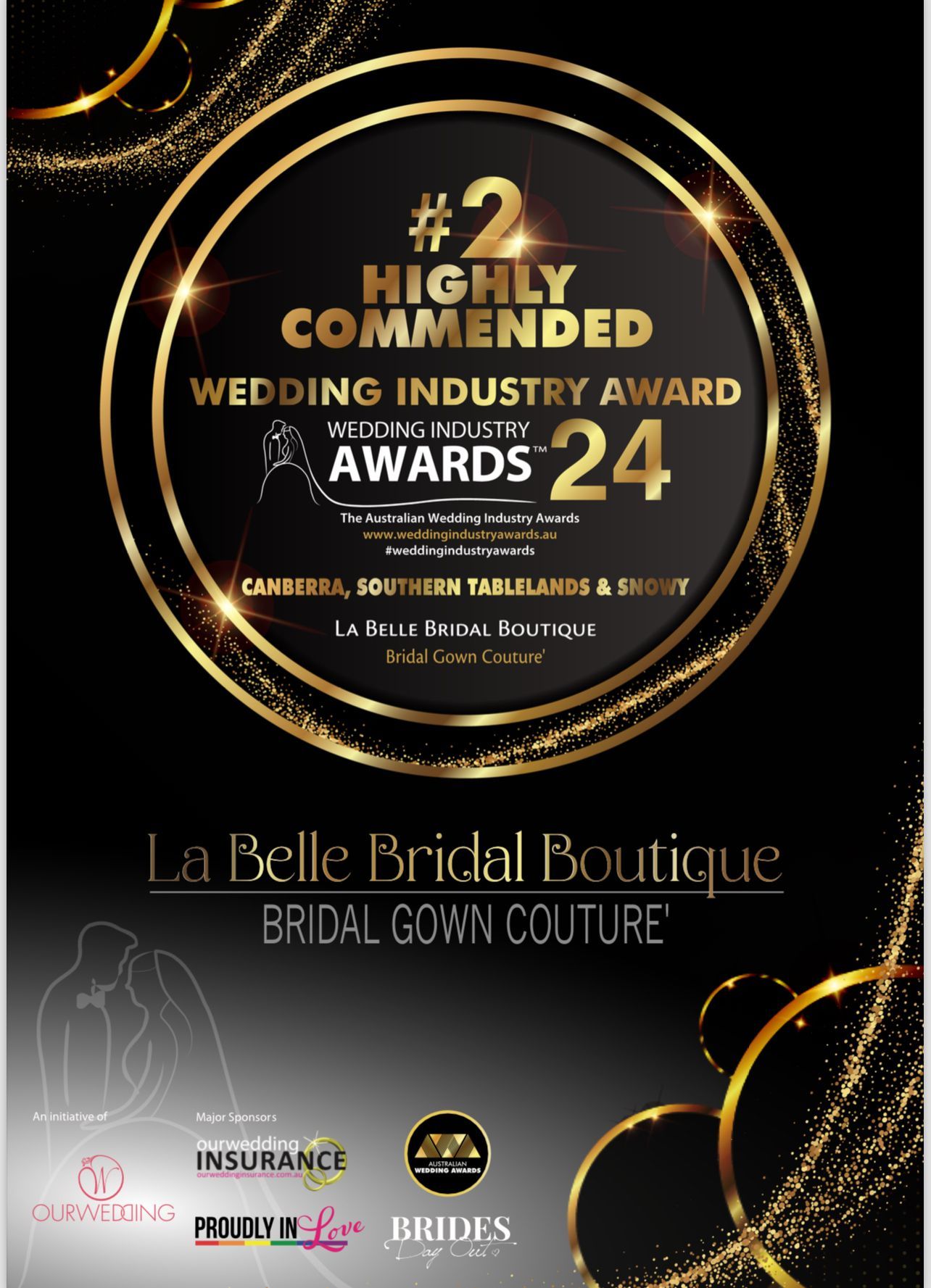 Gold and black award certificate for La Belle Bridal Boutique, #2 Highly Commended Wedding Industry Award.