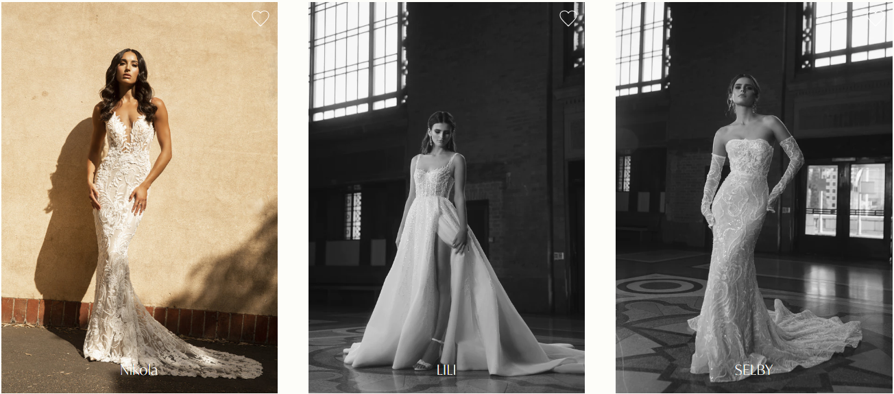 A collage of three photos of a woman in a wedding dress.