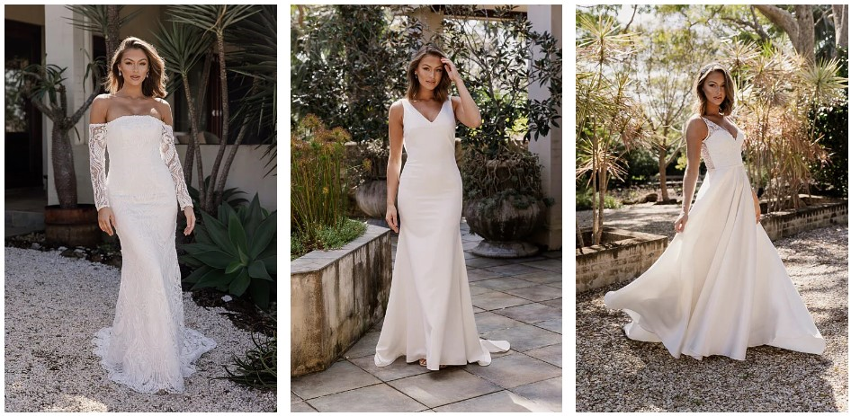 A collage of three pictures of a woman in a wedding dress.