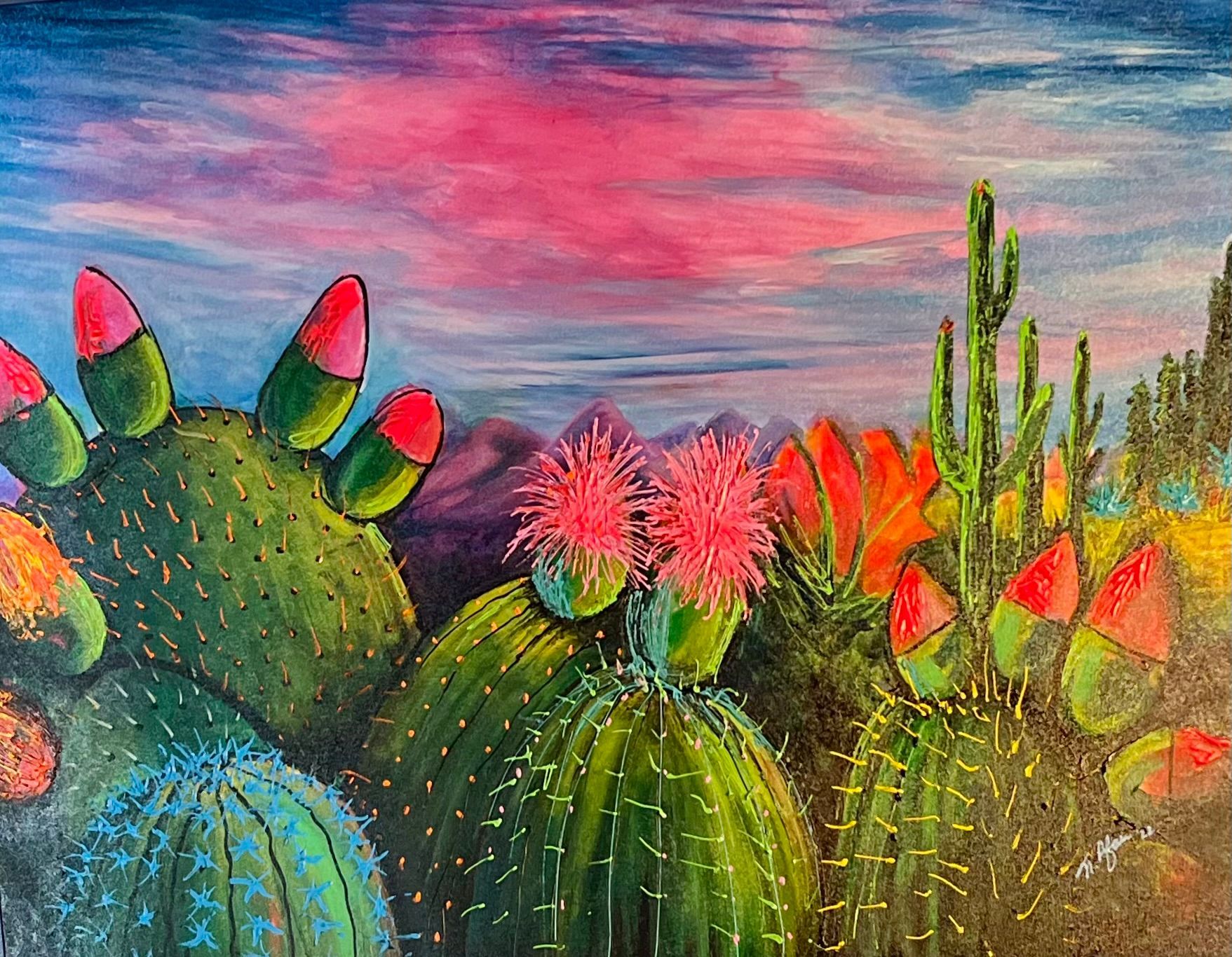 Colorful desert landscape featuring various cacti with pink and orange flowers under a pink and blue sky.