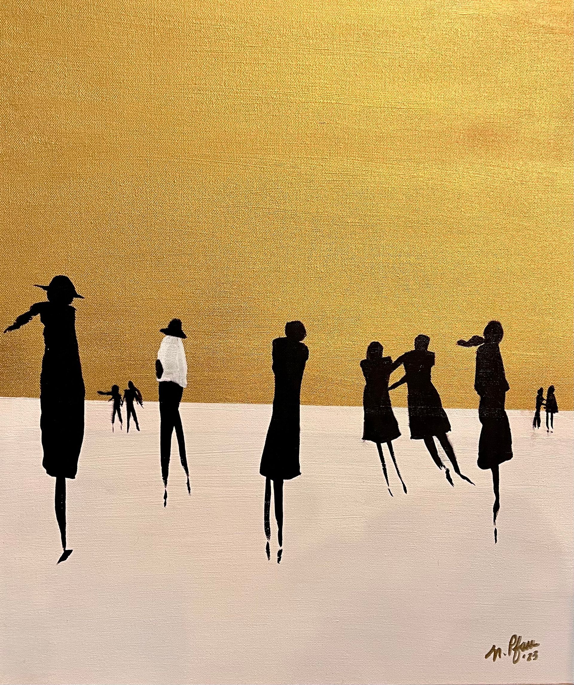 Silhouetted figures on a white surface, against a gold textured background.