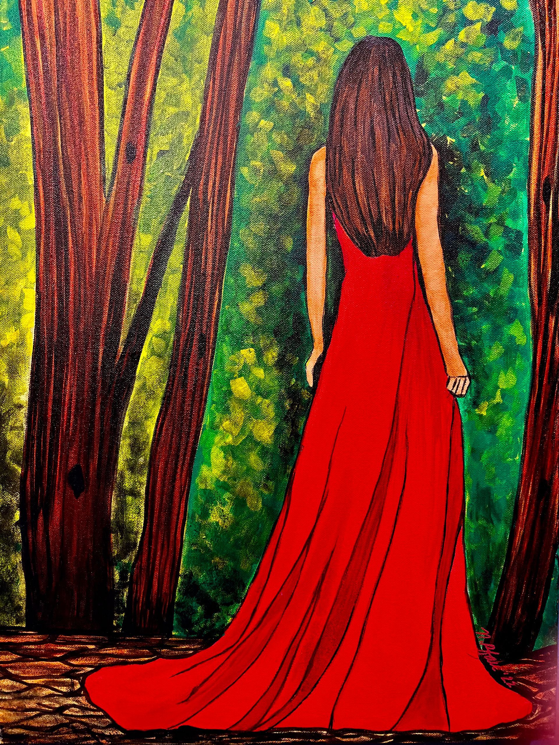 Woman in a red dress walks in a forest, away from the viewer.