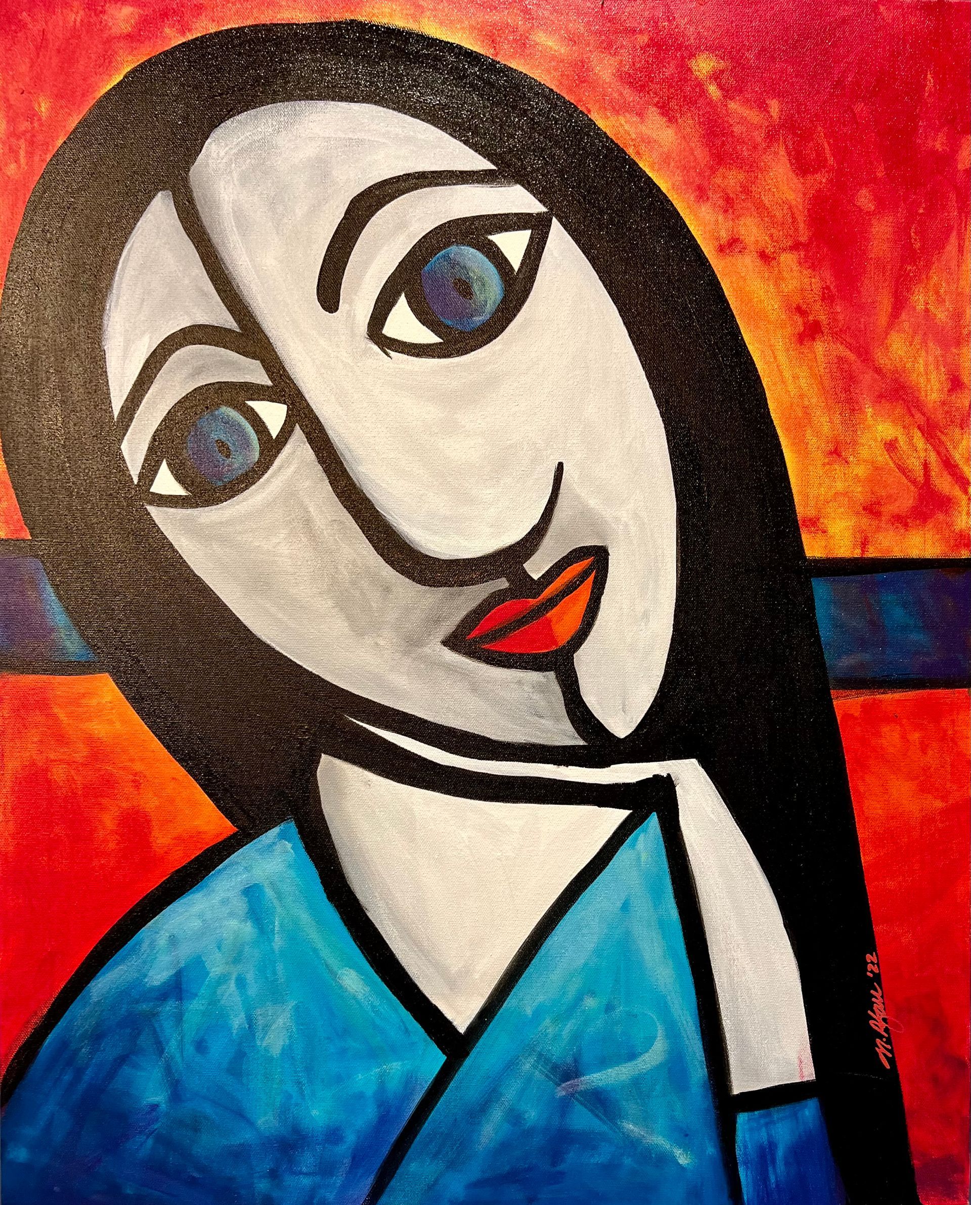 Abstract portrait of a woman with blue eyes and lips, wearing a blue top, against a red and orange backdrop.