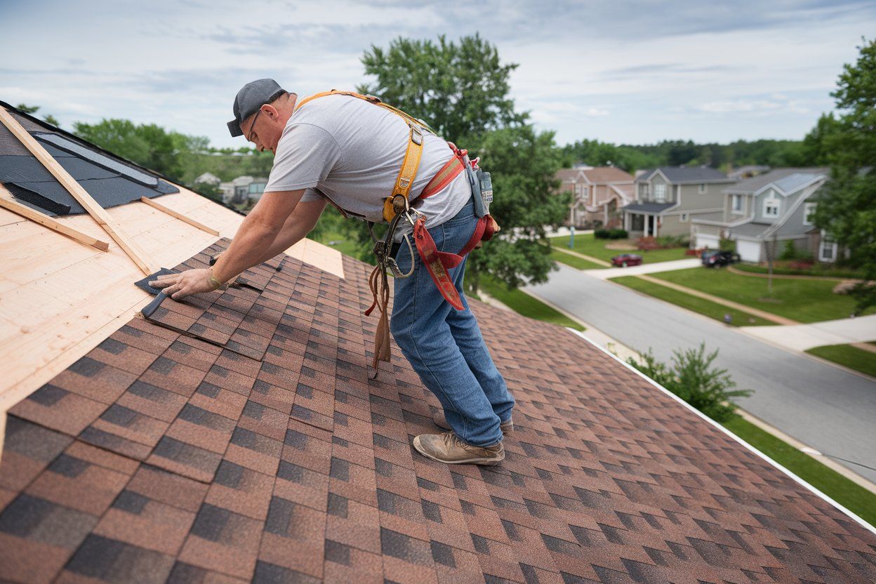 A man is working on the roof of a house.