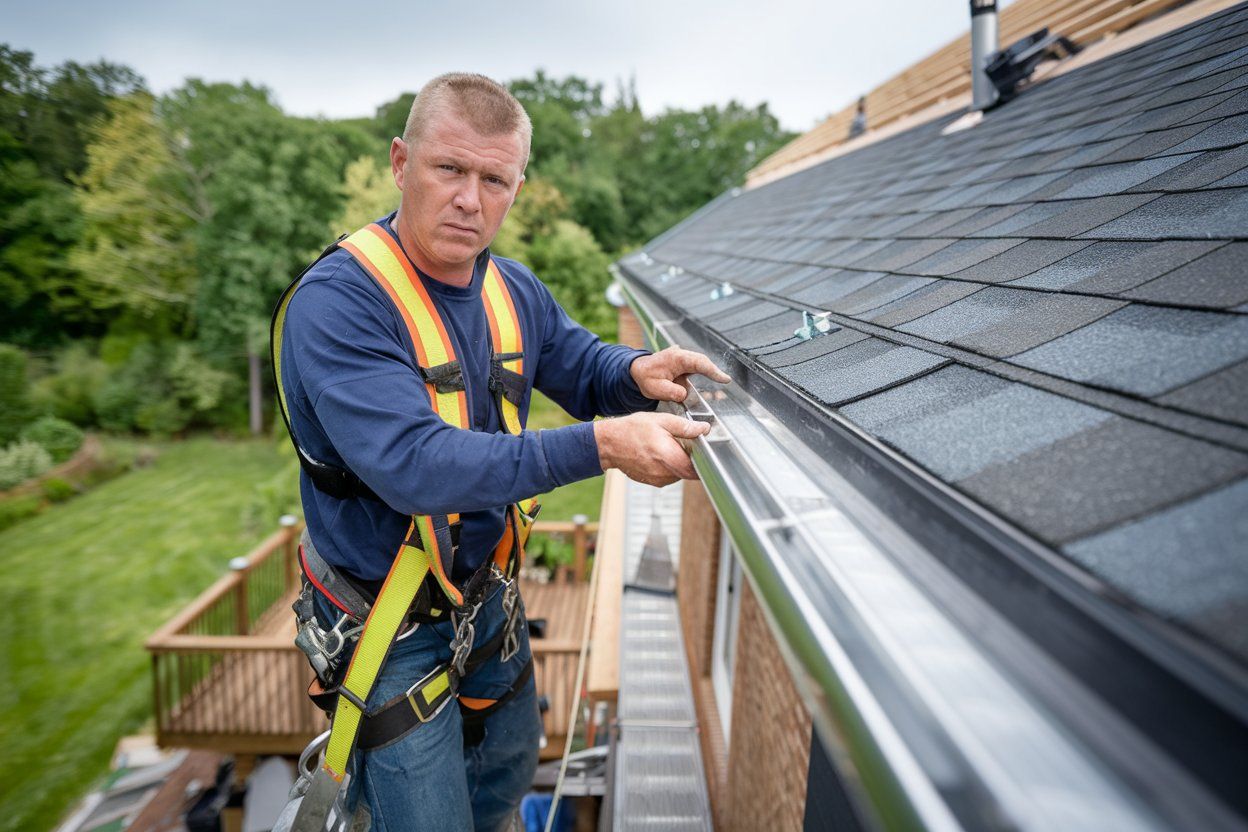 A man is working on a gutter on the side of a house.