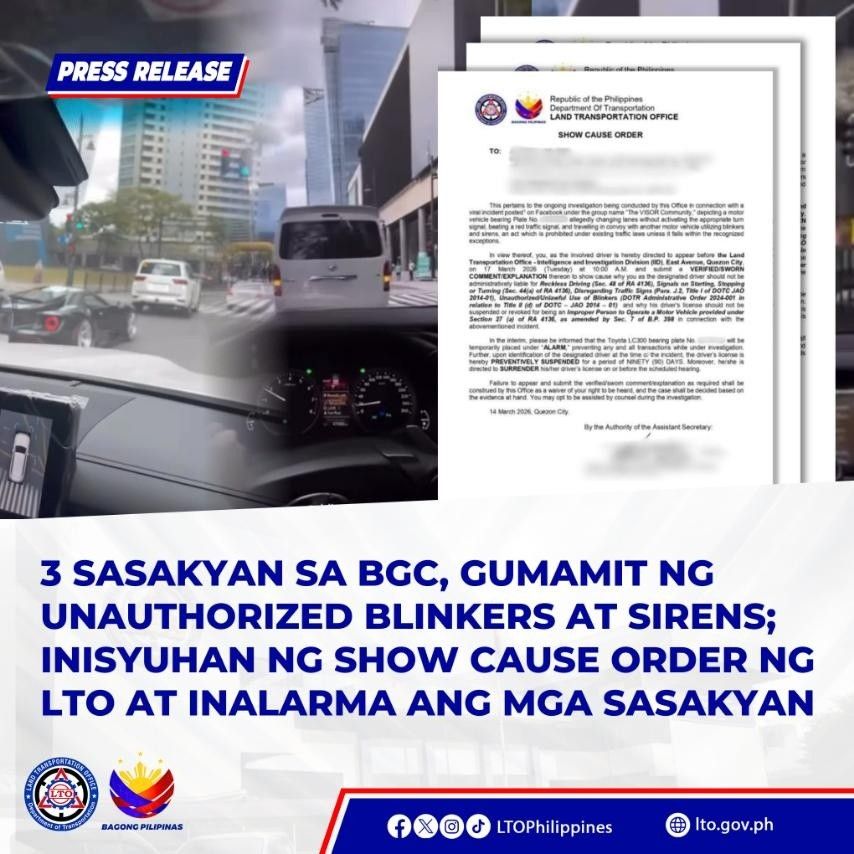 LTO press release about three vehicles in BGC flagged for unauthorized use of blinkers and sirens, shown with a show-cause order.