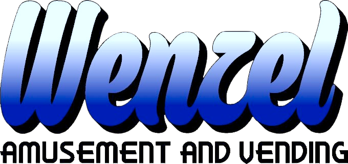 A blue and white logo for wenzel amusement and vending