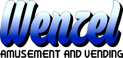 A blue and white logo for wenzel amusement and vending