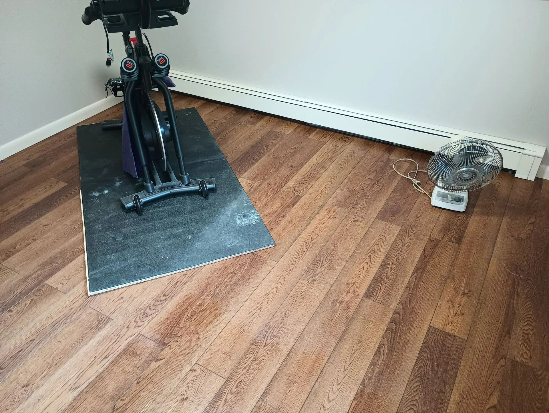 Exercise bike on a black mat in a room with wood flooring; a small fan sits nearby.