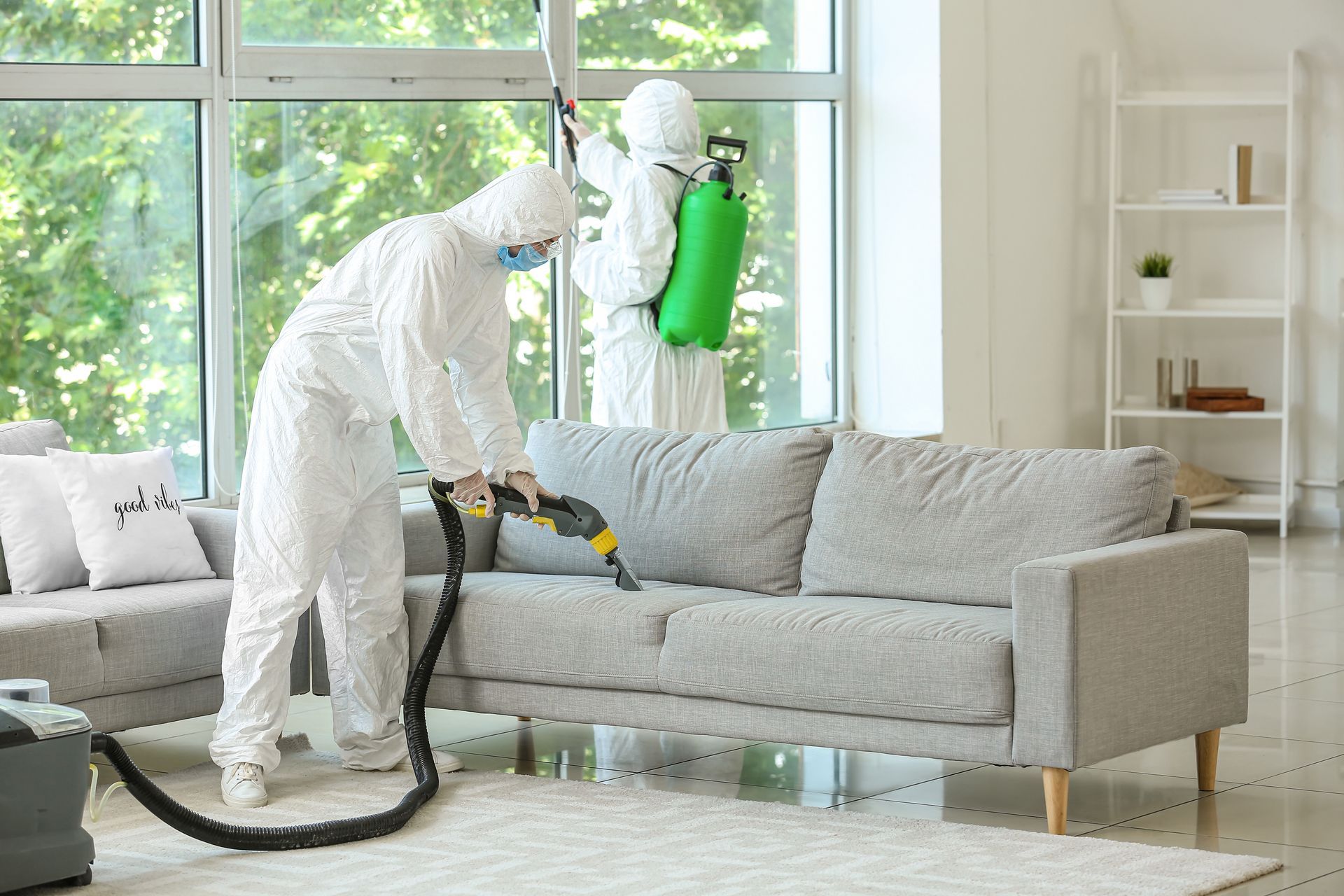 Workers in biohazard costume removing dirt from sofa in house. Workers in biohazard costume removing dirt from sofa in house.