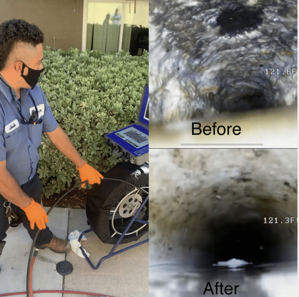 Worker in blue uniform inspects a wheeled device; before-and-after close-ups show a cleaned surface.